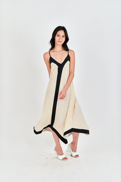 Avi Beige with Black Edges V Neck Adjustable Spaghetti Strap Midi Dress