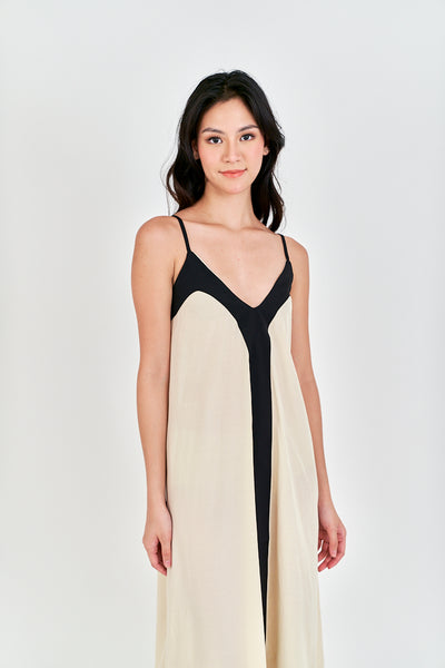 Avi Beige with Black Edges V Neck Adjustable Spaghetti Strap Midi Dress