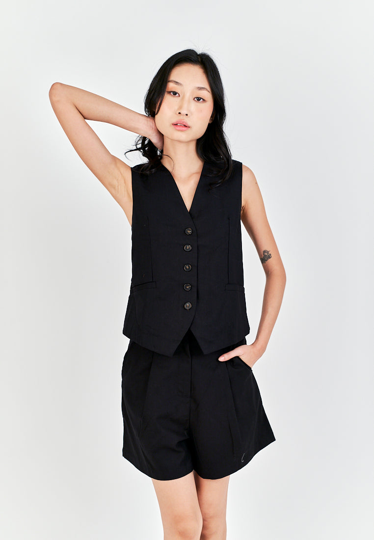 Daze Black V Neck Single Breasted Sleeveless Vest Top