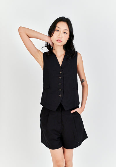 Daze Black V Neck Single Breasted Sleeveless Vest Top