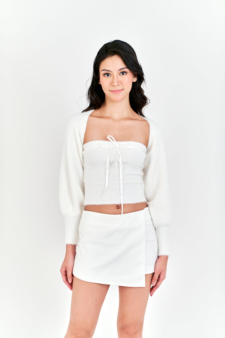 Milou White Zipper Fly Asymmetric Hem Ovelap Mini Skort