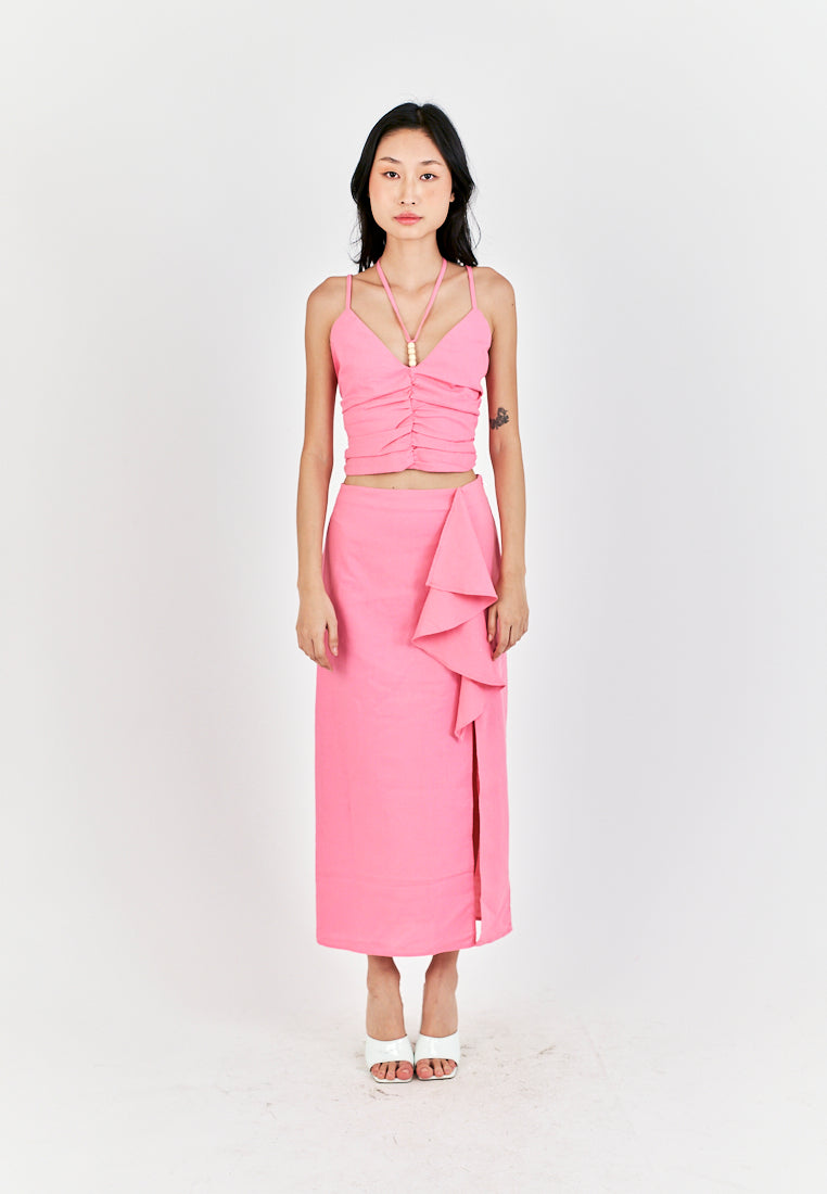 Kaithy Pink Halter Double Beaded Strap Pleated Sleeveless Crop Top