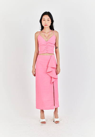 Kaithy Pink Halter Double Beaded Strap Pleated Sleeveless Crop Top