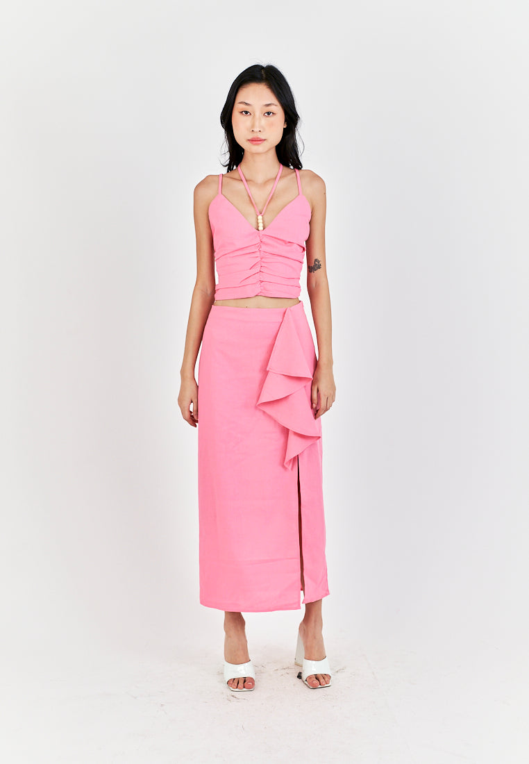 Kaithy Pink Halter Double Beaded Strap Pleated Sleeveless Crop Top