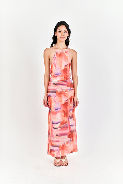 Cayelyn Multi Color Tie Dye Halter Self Tie Strap Open Back Pleated Maxi Dress