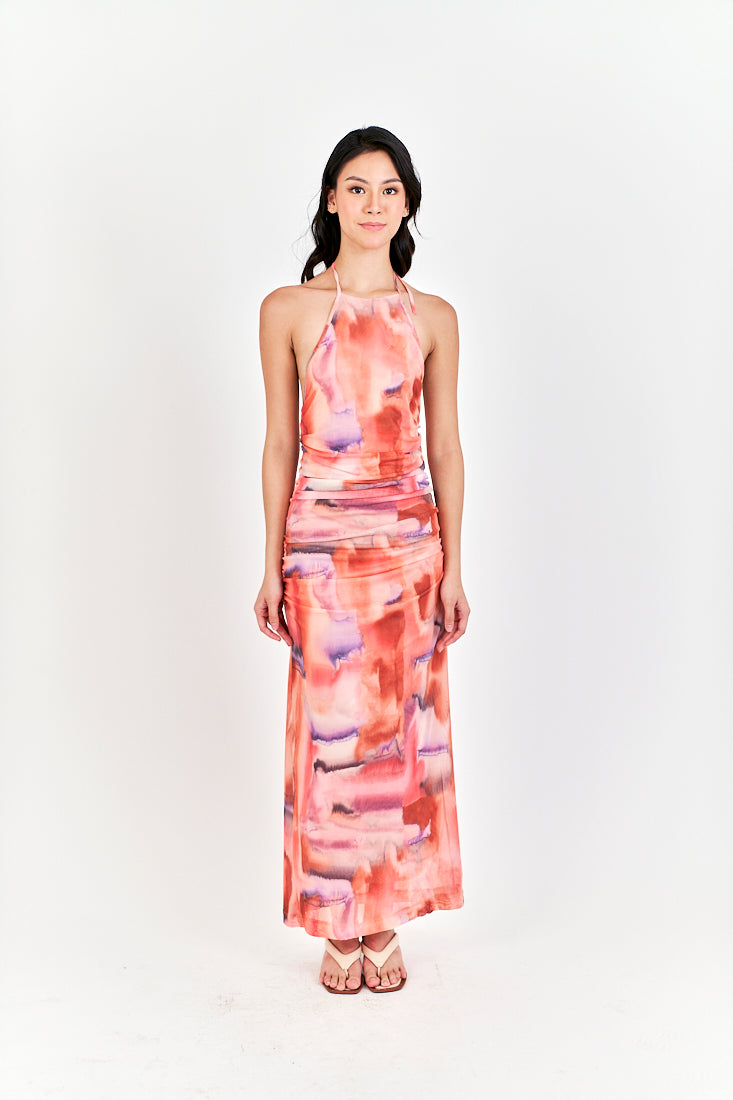 Cayelyn Multi Color Tie Dye Halter Self Tie Strap Open Back Pleated Maxi Dress