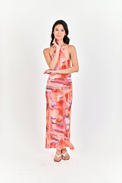 Cayelyn Multi Color Tie Dye Halter Self Tie Strap Open Back Pleated Maxi Dress