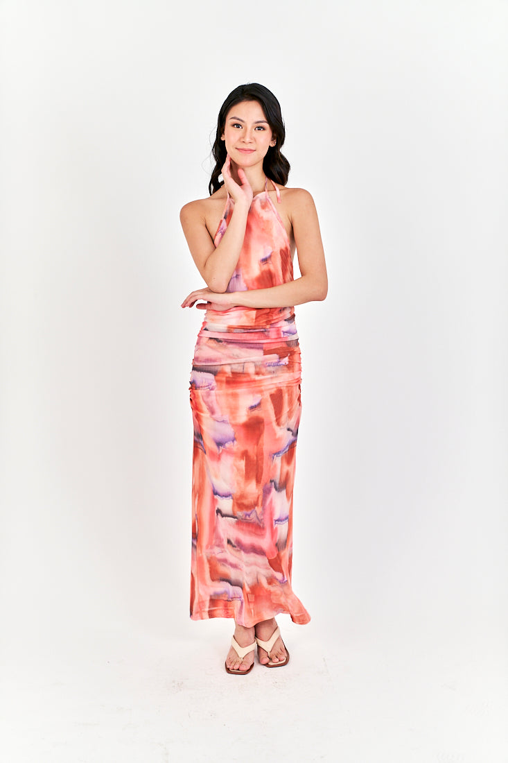 Cayelyn Multi Color Tie Dye Halter Self Tie Strap Open Back Pleated Maxi Dress