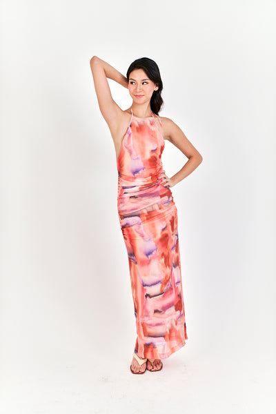 Cayelyn Multi Color Tie Dye Halter Self Tie Strap Open Back Pleated Maxi Dress