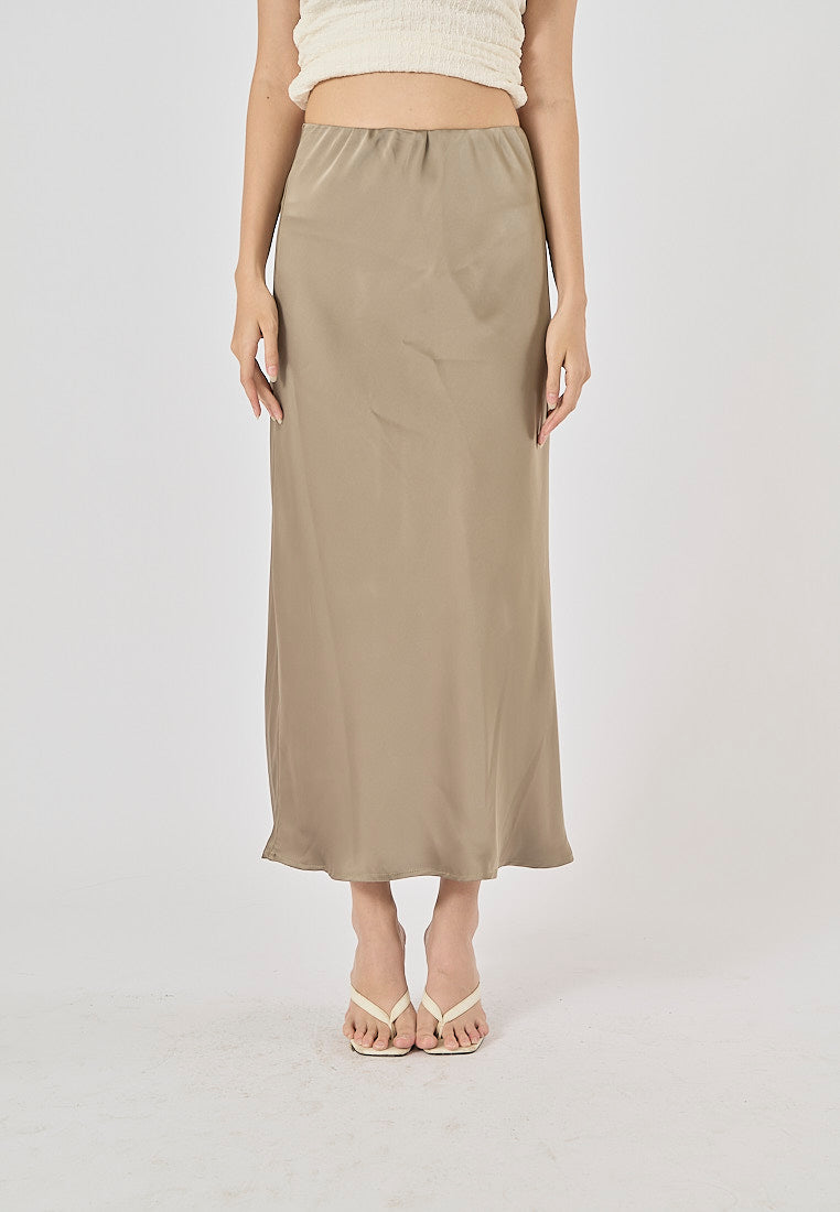 Sundae Green Satin Straight Cut Midi Skirt