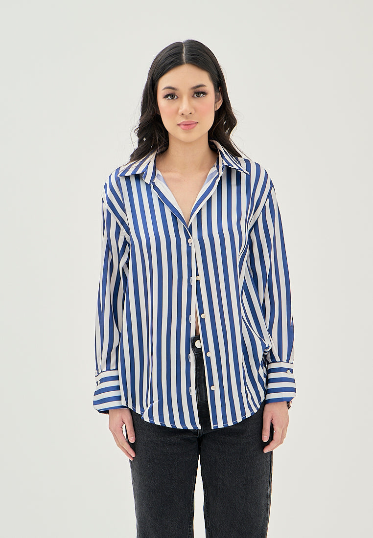 Luchie Blue and White Stripes Turn Down Collar Buttons Up Long Sleeves Top