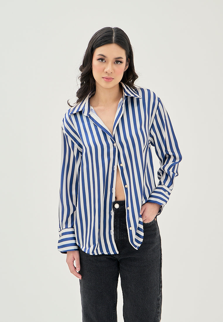 Luchie Blue and White Stripes Turn Down Collar Buttons Up Long Sleeves Top