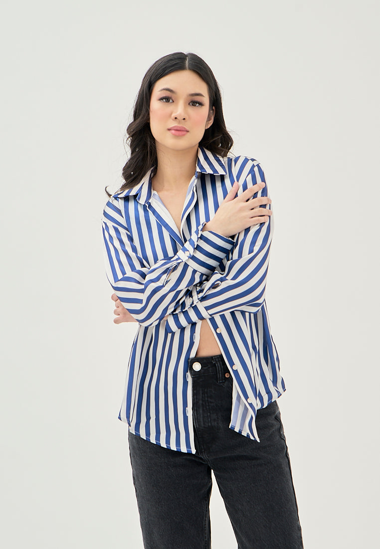 Luchie Blue and White Stripes Turn Down Collar Buttons Up Long Sleeves Top