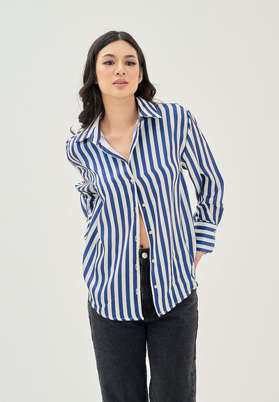 Luchie Blue and White Stripes Turn Down Collar Buttons Up Long Sleeves Top