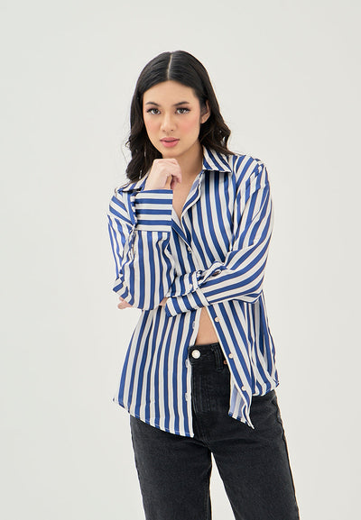 Luchie Blue and White Stripes Turn Down Collar Buttons Up Long Sleeves Top