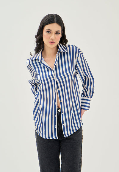 Luchie Blue and White Stripes Turn Down Collar Buttons Up Long Sleeves Top