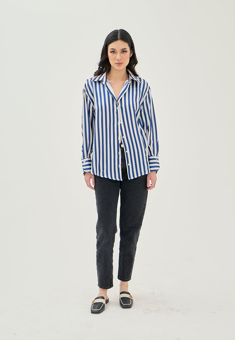 Luchie Blue and White Stripes Turn Down Collar Buttons Up Long Sleeves Top