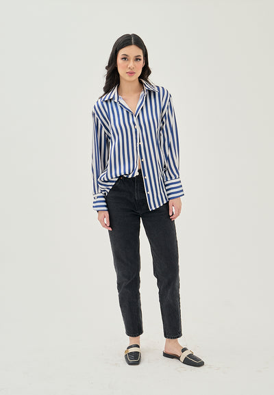 Luchie Blue and White Stripes Turn Down Collar Buttons Up Long Sleeves Top