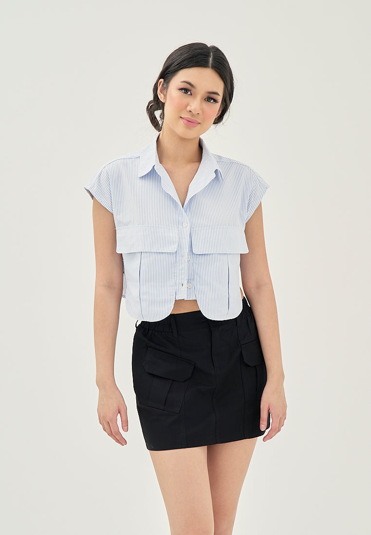 Jeehu Blue Stripes Turn Down Collar Front Pockets Sleeveless Crop Top