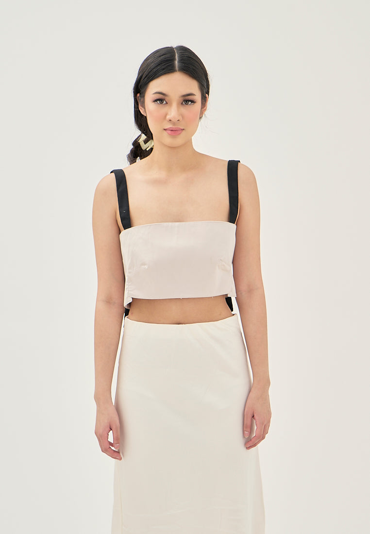 Aife Beige with Black Strap Sleeveless Smock Back Crop top