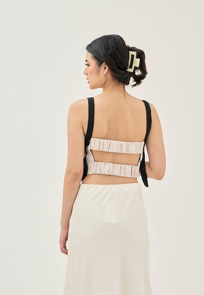 Aife Beige with Black Strap Sleeveless Smock Back Crop top