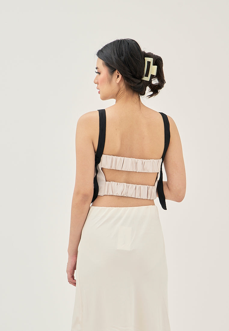 Aife Beige with Black Strap Sleeveless Smock Back Crop top