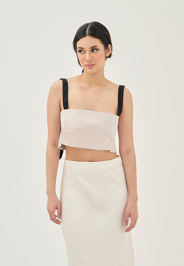 Aife Beige with Black Strap Sleeveless Smock Back Crop top