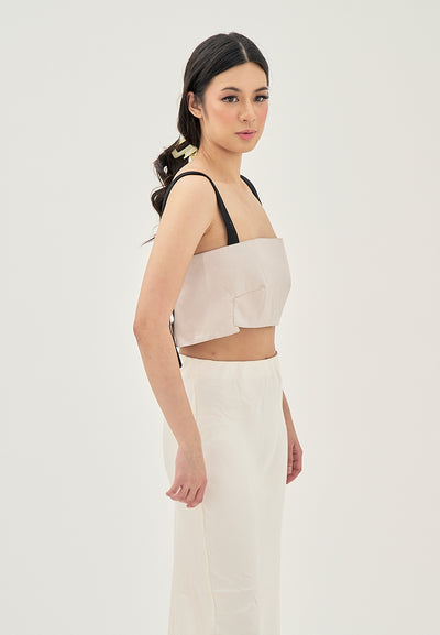 Aife Beige with Black Strap Sleeveless Smock Back Crop top