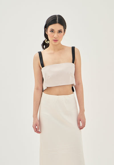 Aife Beige with Black Strap Sleeveless Smock Back Crop top