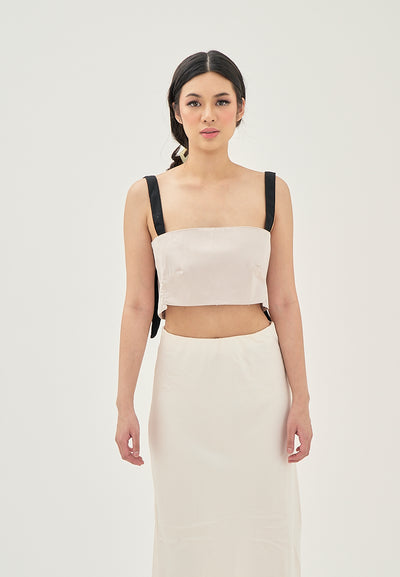 Aife Beige with Black Strap Sleeveless Smock Back Crop top