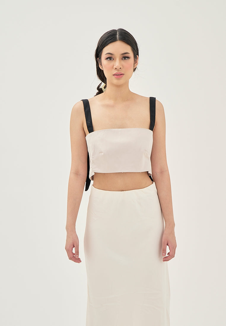 Aife Beige with Black Strap Sleeveless Smock Back Crop top