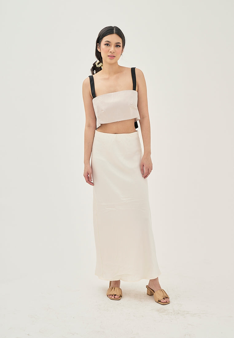 Aife Beige with Black Strap Sleeveless Smock Back Crop top