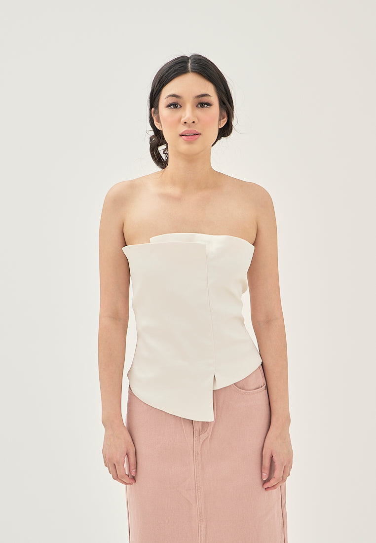 Suchie Cream Overlap Asymmetrical Front Design Back Zipper Tube Top