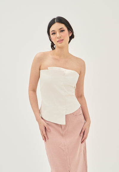 Suchie Cream Overlap Asymmetrical Front Design Back Zipper Tube Top