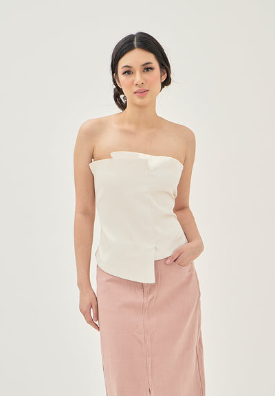 Suchie Cream Overlap Asymmetrical Front Design Back Zipper Tube Top