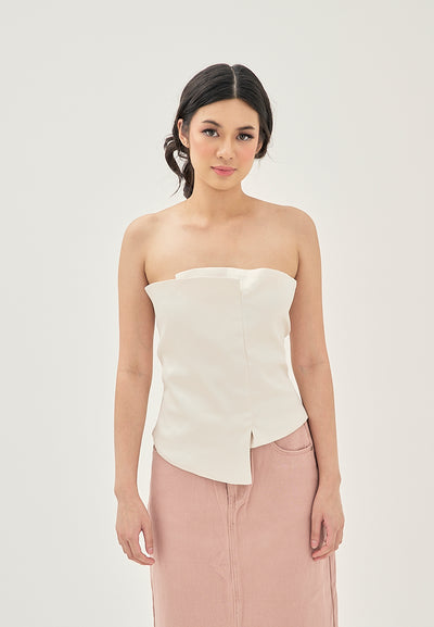 Suchie Cream Overlap Asymmetrical Front Design Back Zipper Tube Top