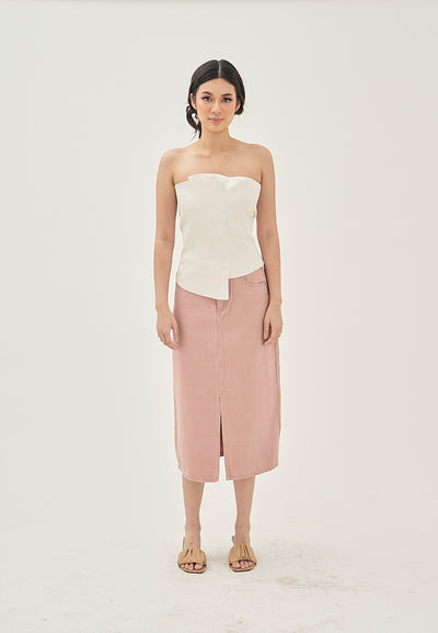 Suchie Cream Overlap Asymmetrical Front Design Back Zipper Tube Top