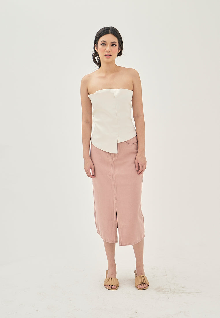 Suchie Cream Overlap Asymmetrical Front Design Back Zipper Tube Top