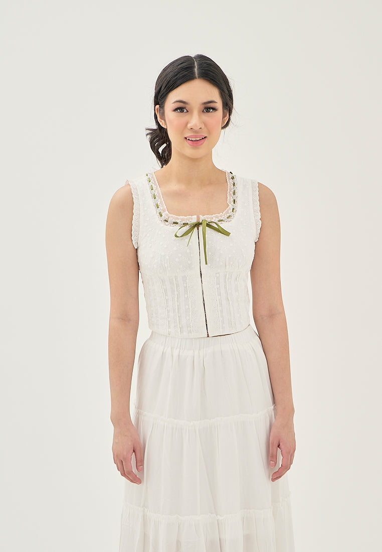 Zahira White Eyelet Lace Up Hook Closure Front Bow Sleeveless Top