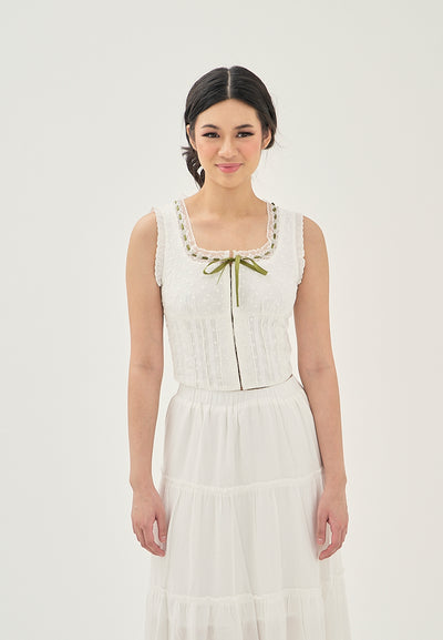 Zahira White Eyelet Lace Up Hook Closure Front Bow Sleeveless Top