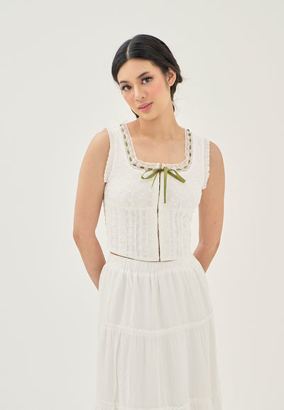 Zahira White Eyelet Lace Up Hook Closure Front Bow Sleeveless Top