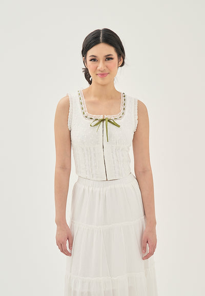 Zahira White Eyelet Lace Up Hook Closure Front Bow Sleeveless Top