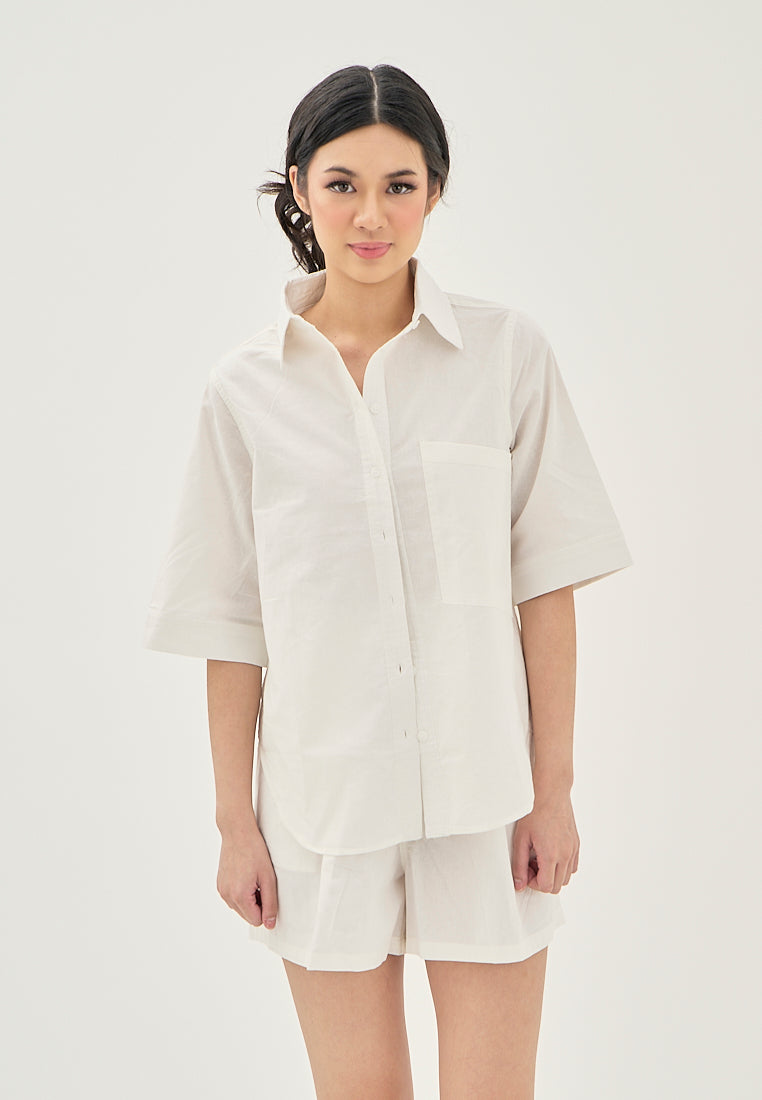 Calla White Turn Down Collar Button Up Front Pocket Short Sleeves Casual Top