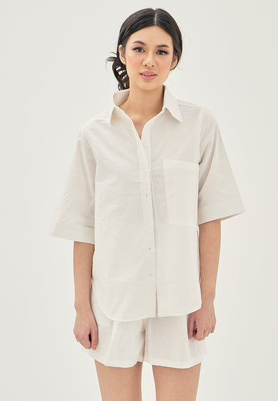 Calla White Turn Down Collar Button Up Front Pocket Short Sleeves Casual Top