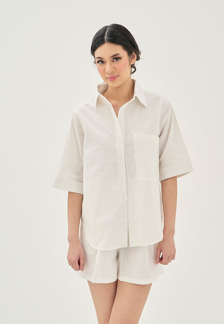 Calla White Turn Down Collar Button Up Front Pocket Short Sleeves Casual Top