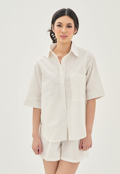 Calla White Turn Down Collar Button Up Front Pocket Short Sleeves Casual Top