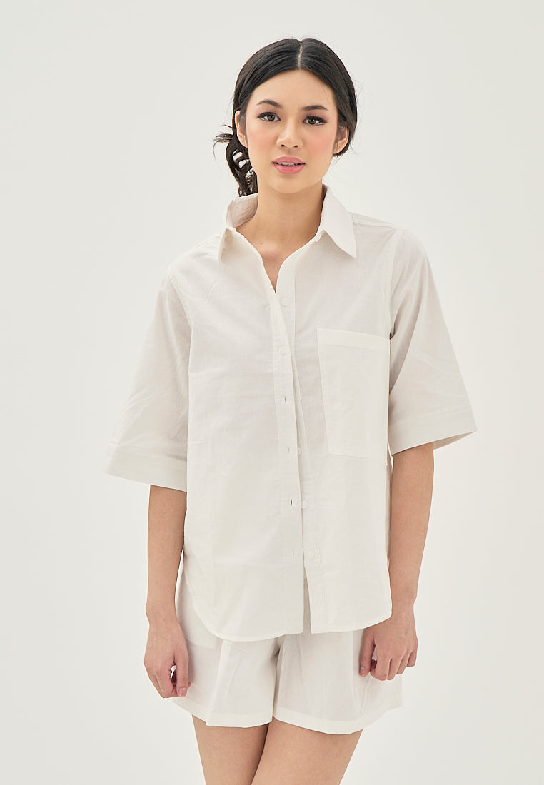 Calla White Turn Down Collar Button Up Front Pocket Short Sleeves Casual Top