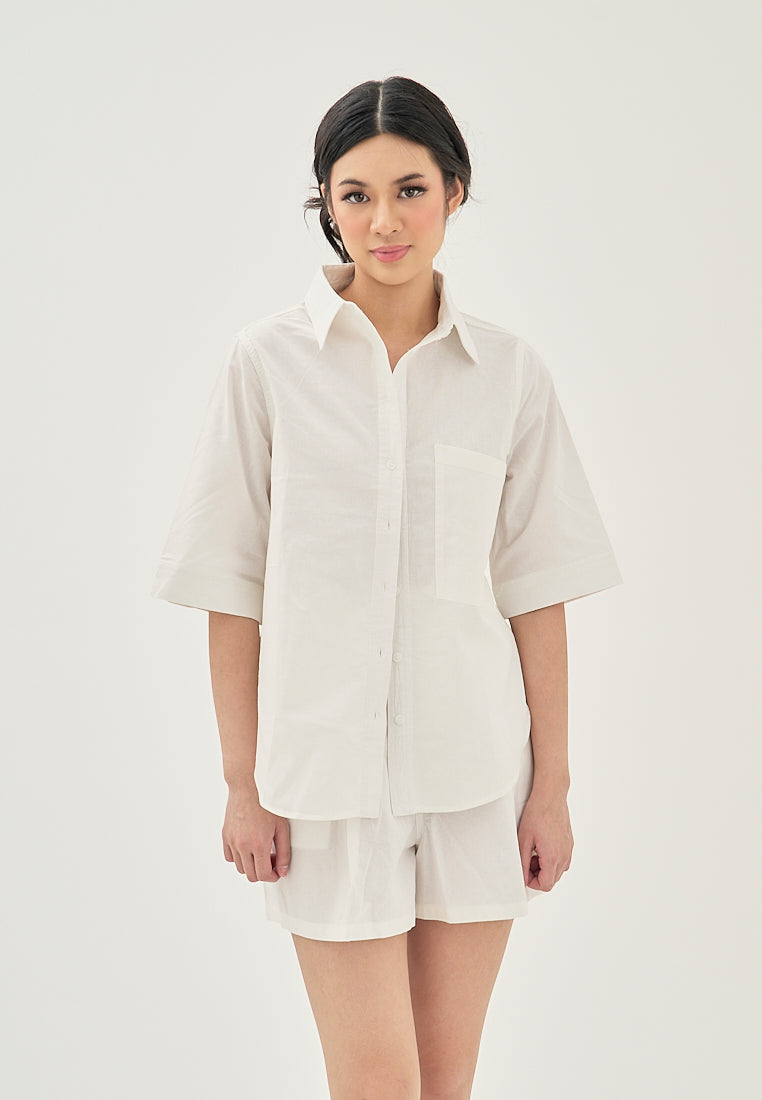 Calla White Turn Down Collar Button Up Front Pocket Short Sleeves Casual Top