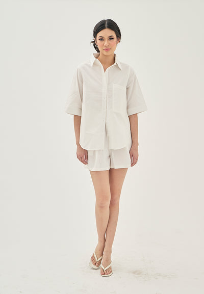 Calla White Turn Down Collar Button Up Front Pocket Short Sleeves Casual Top