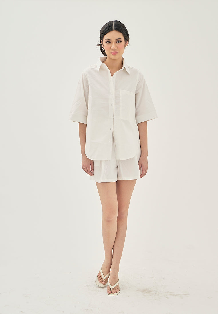 Calla White Turn Down Collar Button Up Front Pocket Short Sleeves Casual Top